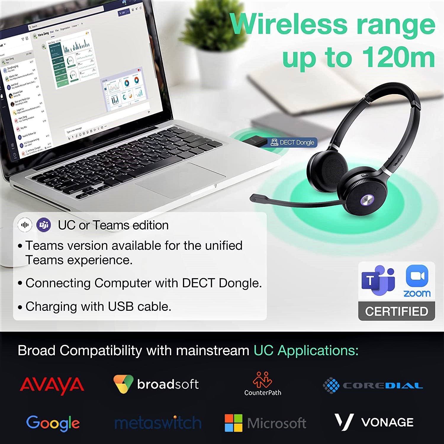 Yealink WH62 Portable Dual DECT Wireless Headset - Features