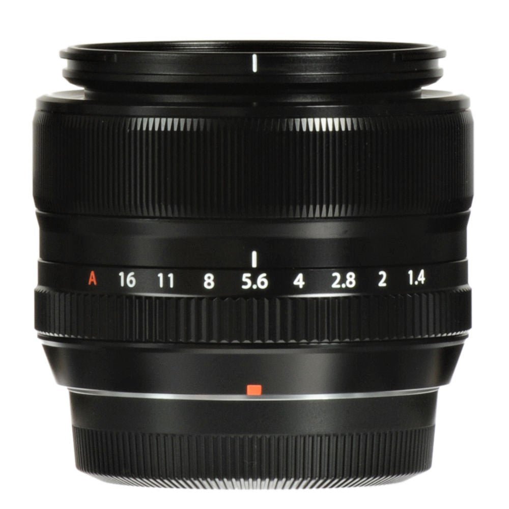 The image presents a full view of the Fujifilm XF 35mm F1.4 R lens. It captures the lens body with the focus and aperture rings, highlighted by the red "A" for auto-aperture setting and detailed measurement markings.