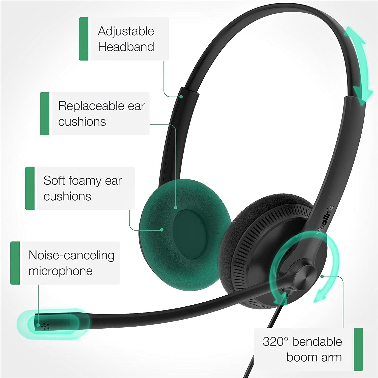 Yealink YHS34 Dual Lite Wired Headset - QD to RJ9