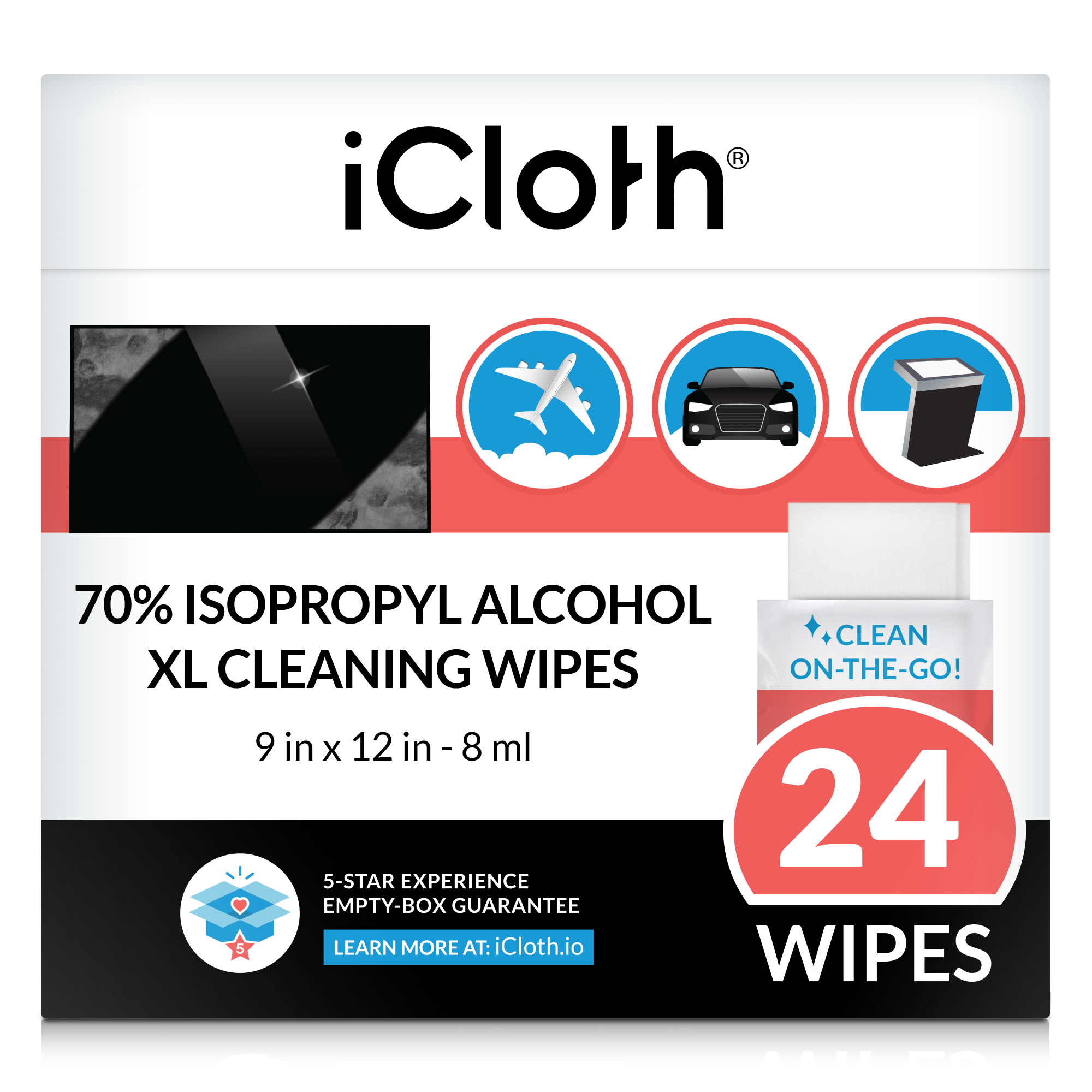 24 wipes of iCloth 70% Isopropyl Alcohol XL Cleaning Wipes